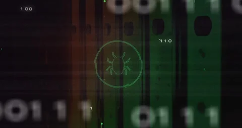 Animation of bug icon over data processing and server room Stock Footage 308987252