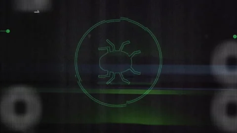 Animation of bug icon over data processing and server room Stock Footage 313039606
