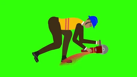 Animation of builder worker men cutting steel with flex electric cutter Stock Footage 286714810