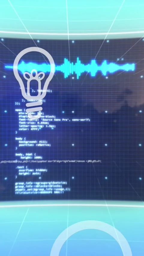 Animation of bulb floating over data processing on screens moving over light Stock Footage 322954325