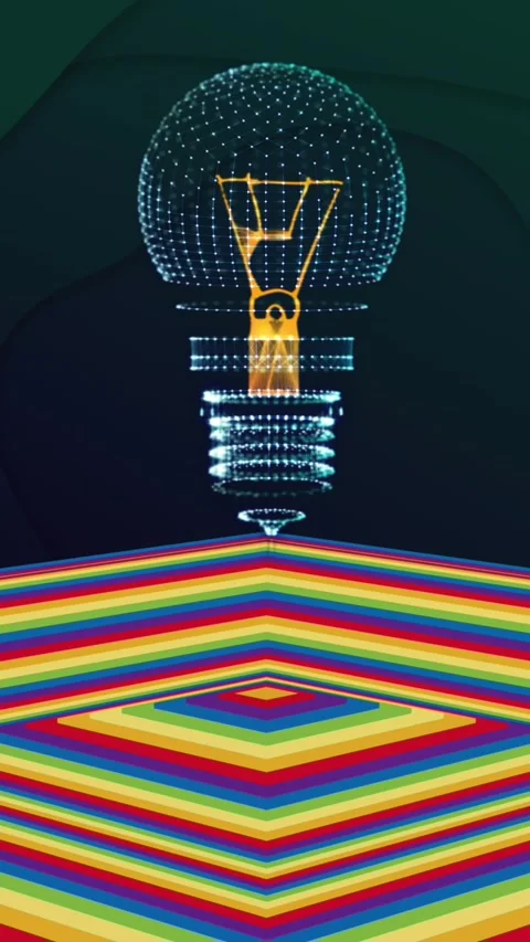 Animation of bulb over moving coloured square surface with dark background Stock Footage 342031296