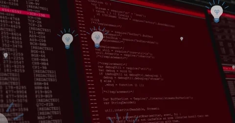 Animation of bulbs floating over data processing on red and black background Video stock 326750295
