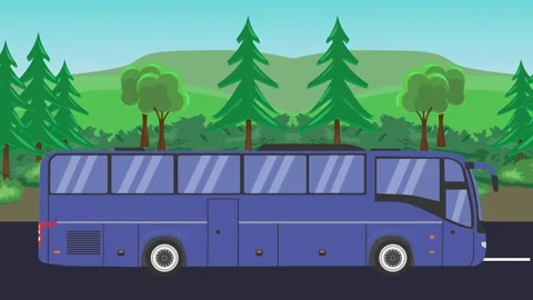 Animation of bus car running on the way, nature fields background Stock Footage 305374012