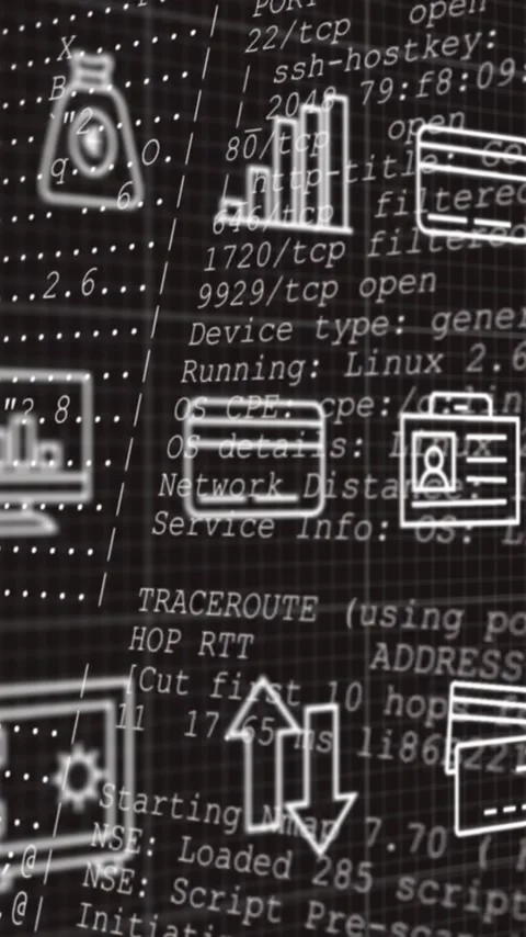 Animation of business icons over data processing on black background Stock Footage 343887404