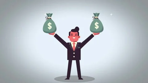Animation of a businessman standing with both hands raising a money bag Stock Footage 281842903