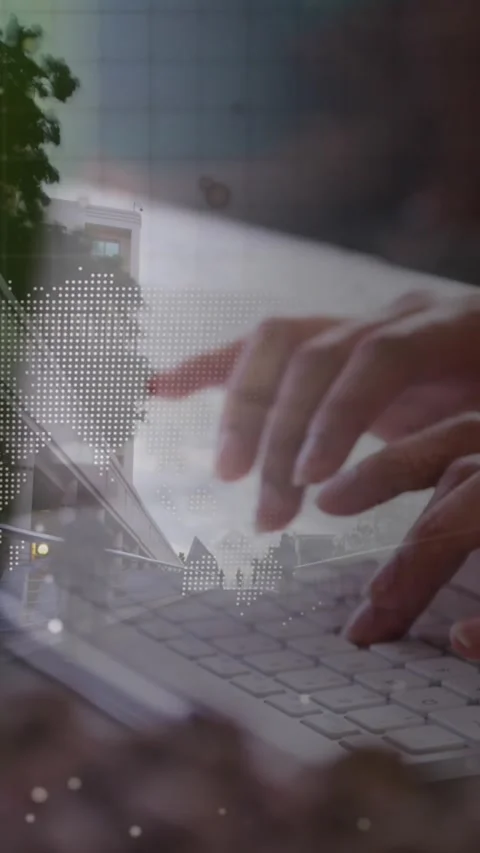 Animation of businesswoman using computer over data processing and cityscape Stock Footage 343499072