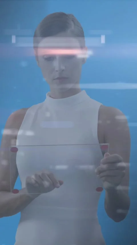 Animation of businesswoman using interactive screen with computer servers on Stock Footage 341658282