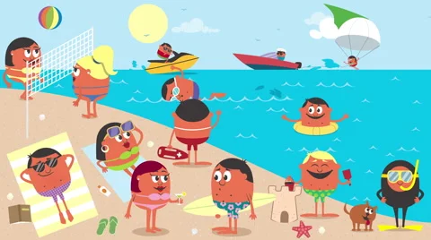 Animation of busy beach in the summer. Stock Footage