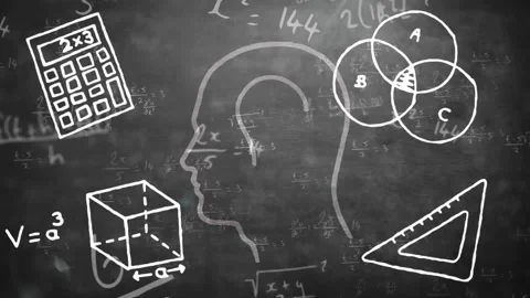Animation of calculator, cube, scale, bulb in human representation and Stock Footage 326037142