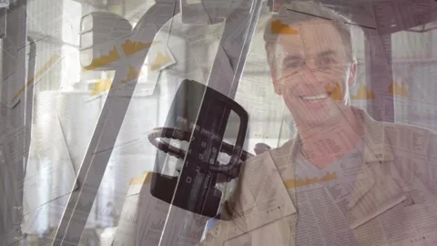 Animation of calculator falling on documents over smiling caucasian man getting Video stock 328456651