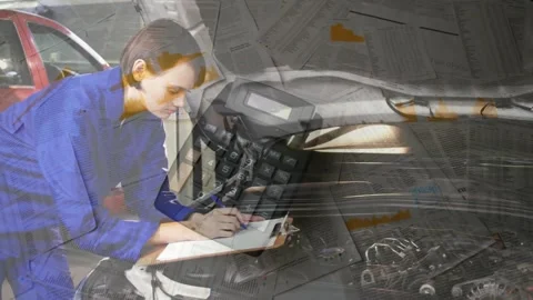 Animation of calculator falling on reports over caucasian female mechanic 스톡 동영상 325836617
