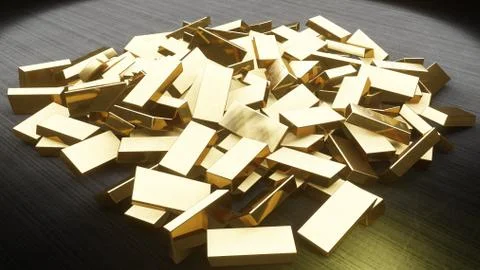 Animation of the camera flying over a pile of gold bars. 3D Rendering Ilustración de archivo
