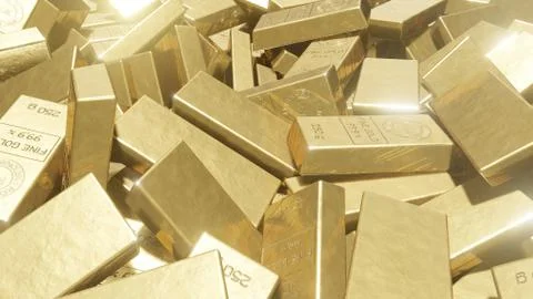 Animation of the camera flying over a pile of gold bars. 3D Rendering Ilustración de archivo