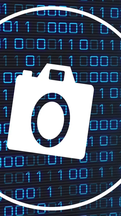 Animation of camera icon over binary coding Stock Footage 343640808