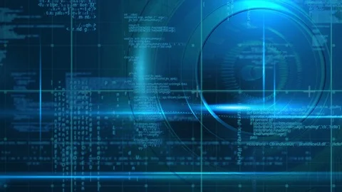 Animation of camera lens and computer code against black background Video stock 99586596