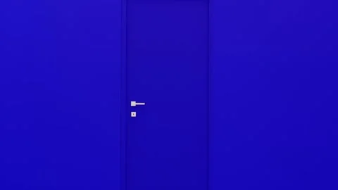 Animation of camera moving to open blue door in blue room Видео 285468603