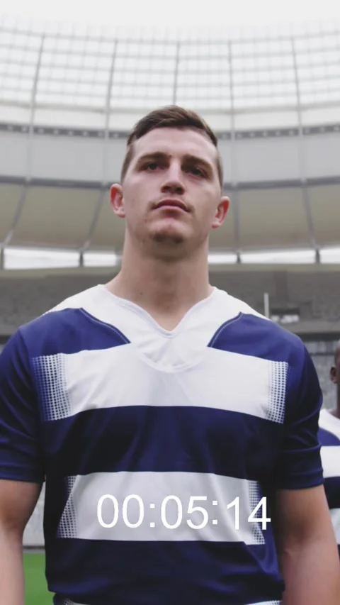 Animation of camera screen over a multi ethnic male rugby team walking in row Stock Footage 342676180