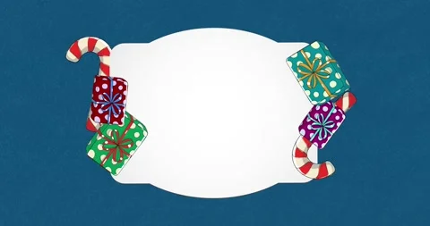 Animation of candy canes and presents over sign with copy space on blue Stock Footage 217480415