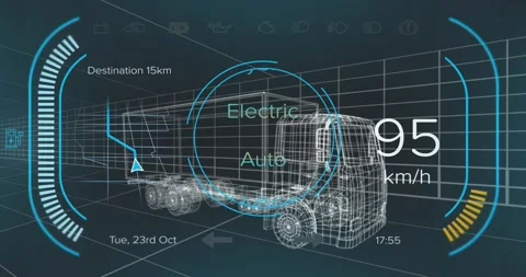 Animation of car interface over digital lorry model on black background Stock Footage 330254265