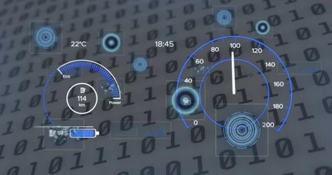 Animation of car interface over scope scanning and binary coding on white Stock Footage 330399425