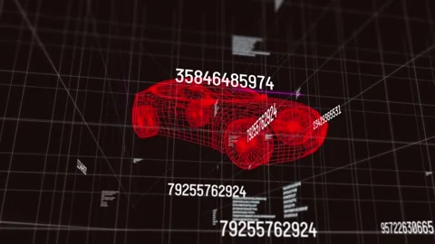 Animation of car project rotating over data processing in of numbers on black Stock Footage 330174846