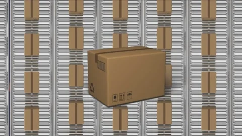 Animation of cardboard box over high angle view of moving cardboard boxes on Stock Footage 328087771