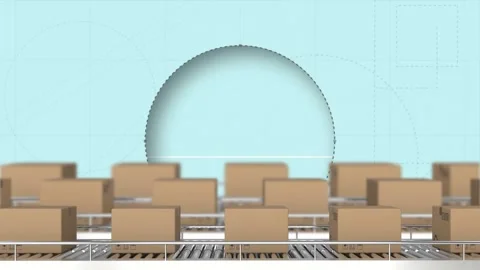 Animation of cardboard boxes on conveyor belts, slicer cutting circle shape Stock Footage 326629107