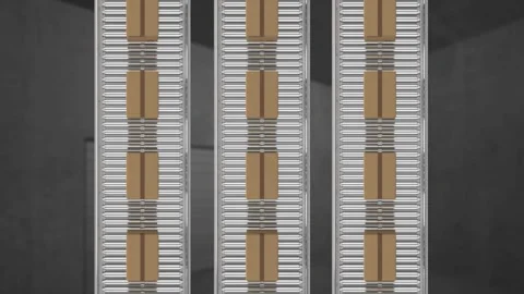Animation of cardboard boxes on conveyor belts over warehouse Stock Footage 328082077