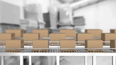 Animation of cardboard boxes on conveyor belts over warehouse Stock Footage 328153750