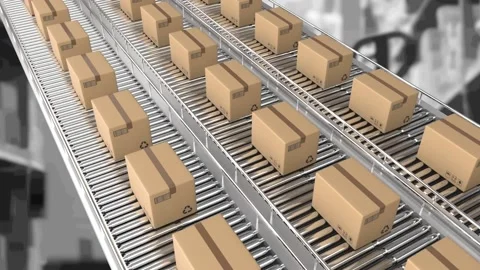 Animation of cardboard boxes moving on conveyor belts over warehouse Stock Footage 159242428