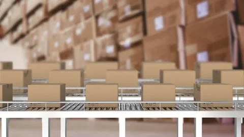 Animation of cardboard boxes moving on conveyor belts over warehouse Stock Footage 326879221