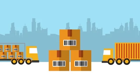 Animation of cardboard delivery boxes being transported by trucks in a city.. Stock Footage 339261140