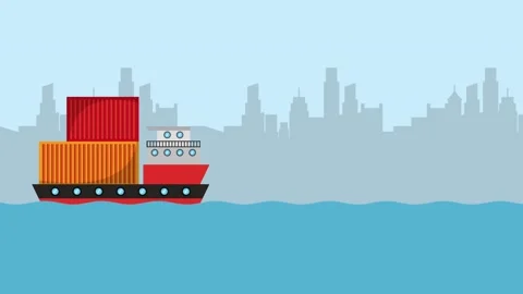 Animation of cargo ship with containers sailing in sea with city skyline ba.. Video stock 338993723