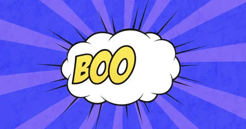 Animation of a cartoon bubble with BOOM written in yellow on a purple striped Stock Footage 135680168