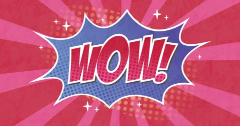 Animation of a cartoon bubble with WOW written in pink on a pink and red striped Stock Footage 135680216