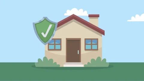 Animation of cartoon house with security shield and checkmark icon for real.. Stock Footage 334533986