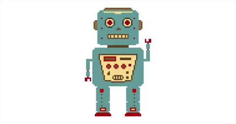 Animation of cartoon robot. Loop. Retro cute robot pixel art 8 bit video game Stock Footage 148485555