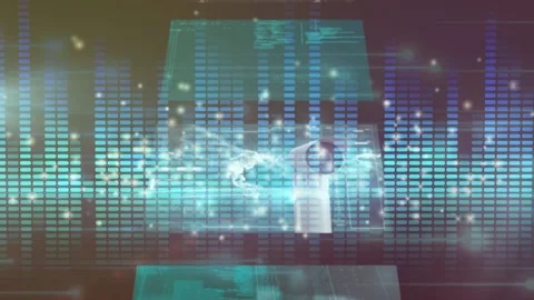 Animation of cascading interface screens with processing data over stacked blue Stock Footage 157675331