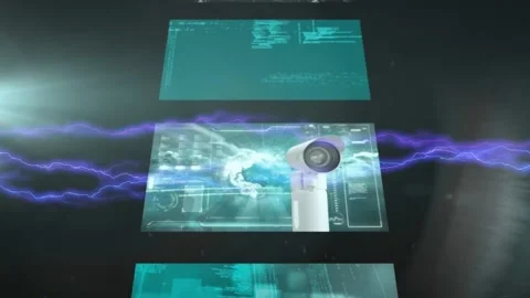 Animation of cascading interface screens processing data, with purple electric Stock Footage 165605847