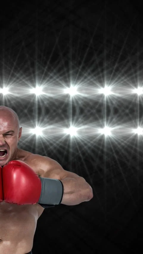 Animation of caucasian boxer shouting before fight over spotlights Stock Footage 341928048
