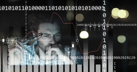 Animation of caucasian businessman using computer, binary coding and data Stock Footage 328291710