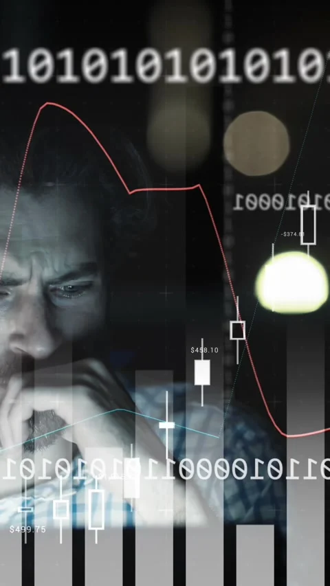 Animation of caucasian businessman using computer, binary coding and data 動画素材 343608420