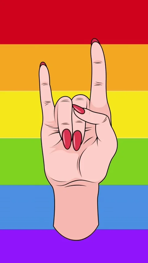 Animation of caucasian hand with red nails making rock horns sign over rainbow Stock Footage 344679040
