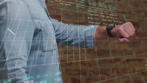 Animation of caucasian man checking time and financial data processing Stock Footage 235740590