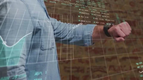 Animation of caucasian man checking time and financial data processing Stock Footage 235740636
