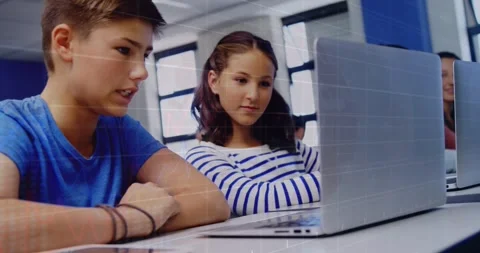 Animation of caucasian students studying using laptop in classroom over stock Stock Footage 329977840