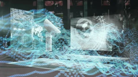 Animation of cctv camera and data processing on screens over pedestrians walking Stock Footage 165091613