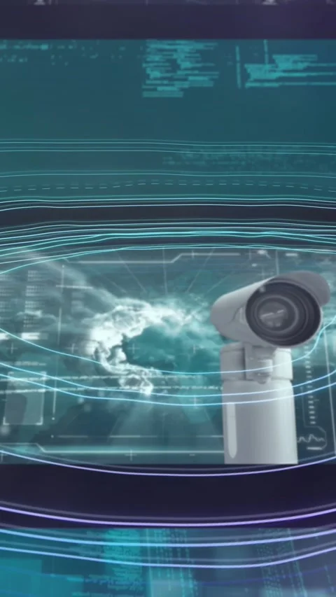 Animation of cctv camera and data processing over white map lines background Stock Footage 343888164