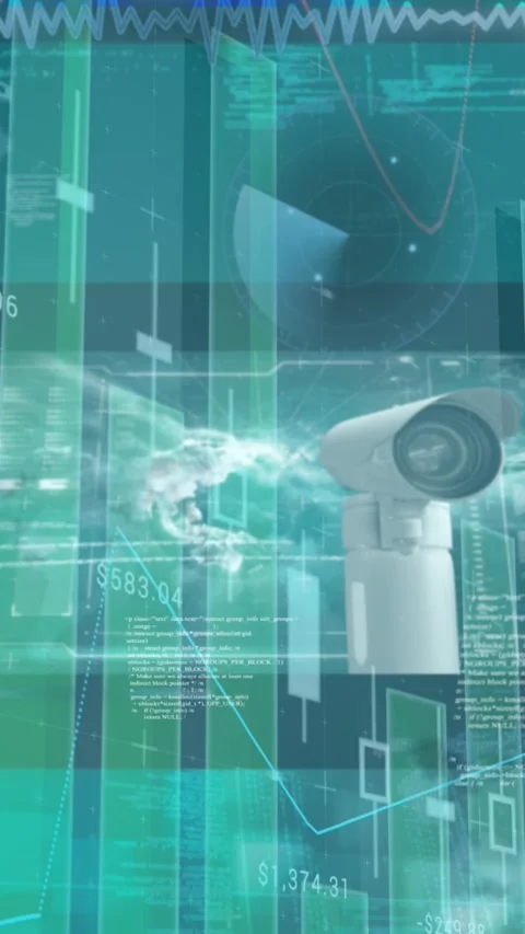 Animation of cctv camera, statistics and financial data processing over city Stock Footage 344775290