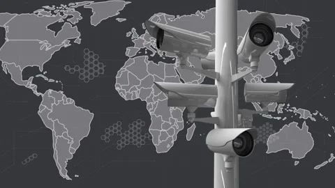 Animation of cctv cameras and data processing over world map Stock Footage 329964762